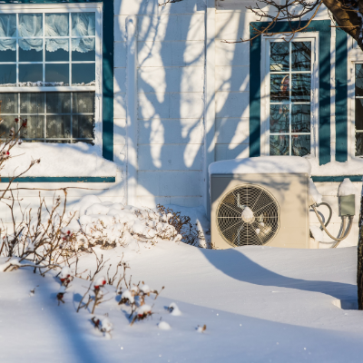 Klimatyzacja zimą w domu, zdjęcie jednostki zewnętrznej w śniegu.