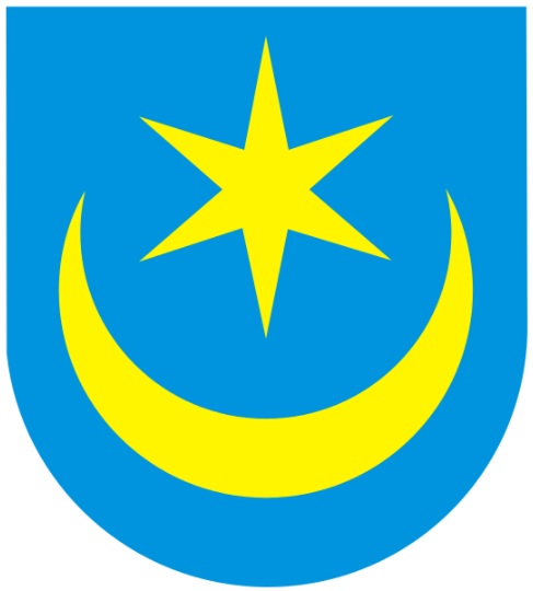Herb miasta Tarnobrzeg żółta gwiazda nad żółtym półksiężycem, niebieskie tło.