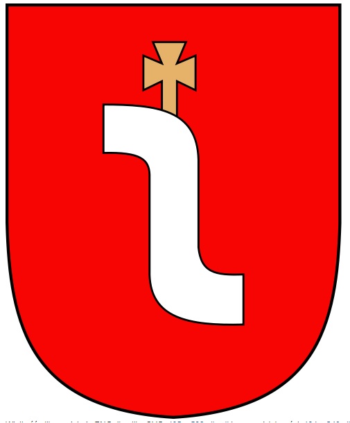Herb miasta Lesko, biała wstęga ze złotym krzyżem na czerwonym tle.