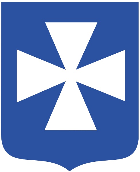 Herb miasta Rzeszowa. Biały krzyż kawalerski na niebieskim tle.