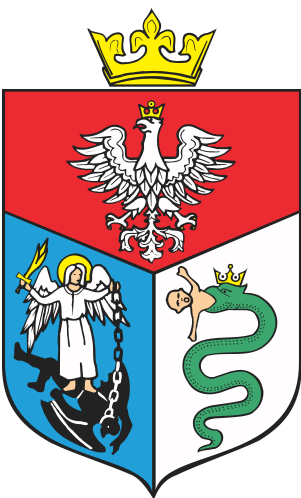 Herb miasta Sanok. Pole górne stanowi Herb Polski - białego orła w koronie na czerwonym tle. Pole po lewej Archanioła Michała. Pole po prawej węża w koronie zjadającego człowieka.