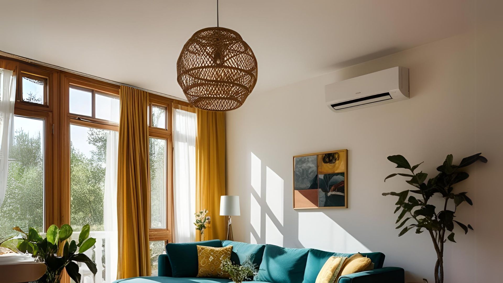 Klimatyzowany salon z jednostką wewnętrzną nad strefą wypoczynkową