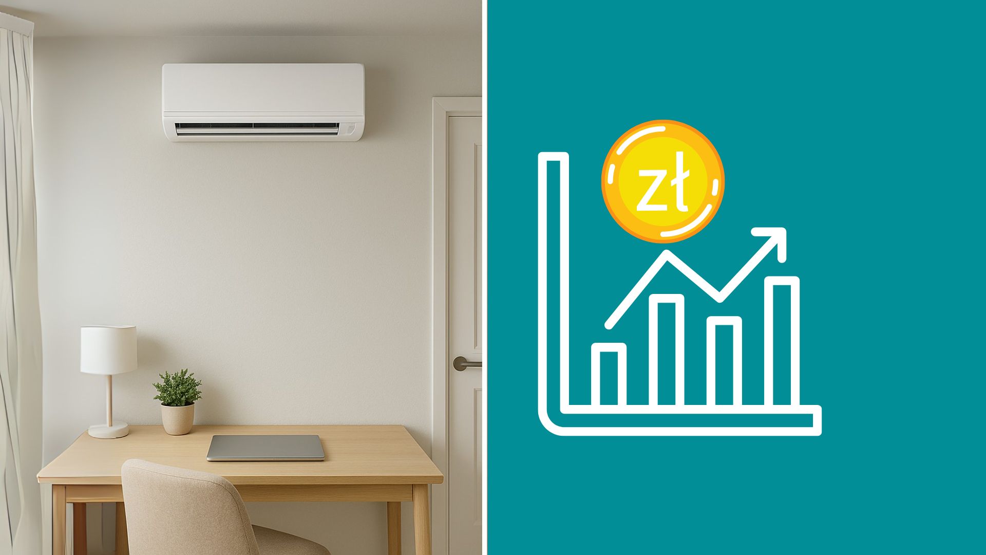 Z jednej strony nowoczesny, kompaktowy klimatyzator ścienny (split) w minimalistycznym, małym wnętrzu (np. nad biurkiem lub łóżkiem).