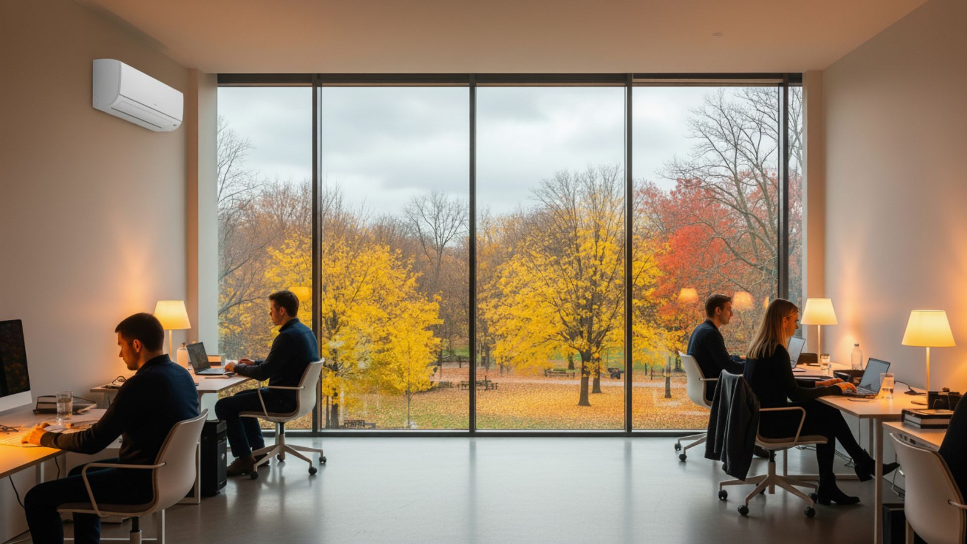 Przez okno widać piękny jesienny park ze złotymi i czerwonymi liśćmi na drzewach oraz lekko zachmurzone niebo. Wewnątrz biura panuje ciepła i przytulna atmosfera z miękkim, ciepłym oświetleniem. Pracownicy komfortowo pracują przy swoich biurkach. Na ścianie subtelnie widoczna jest elegancka, biała jednostka klimatyzacji.