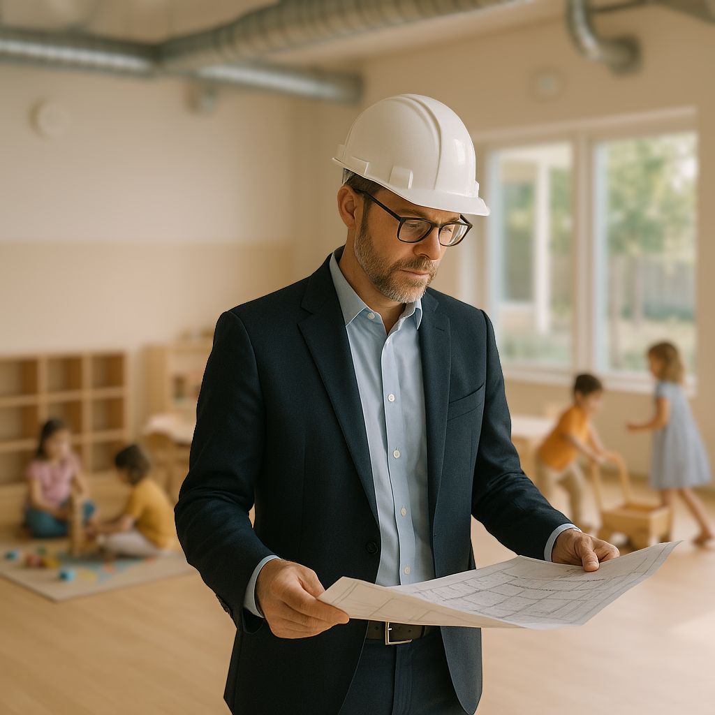 Architekt sprawdza system wentylacji w nowoczesnym przedszkolu, zgodnie z przepisami dotyczącymi jakości powietrza.