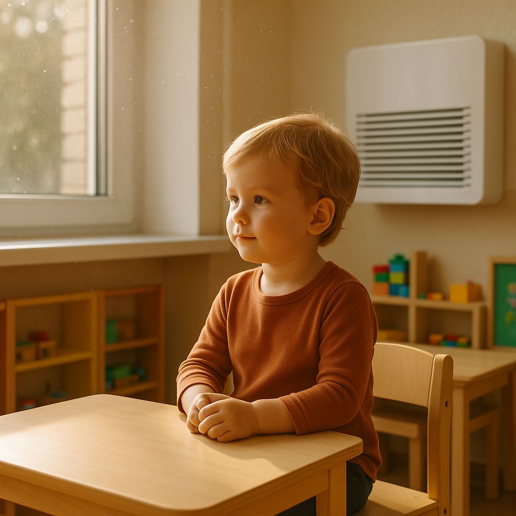 Dziecko w przedszkolu siedzące w pomieszczeniu o niskiej jakości powietrza