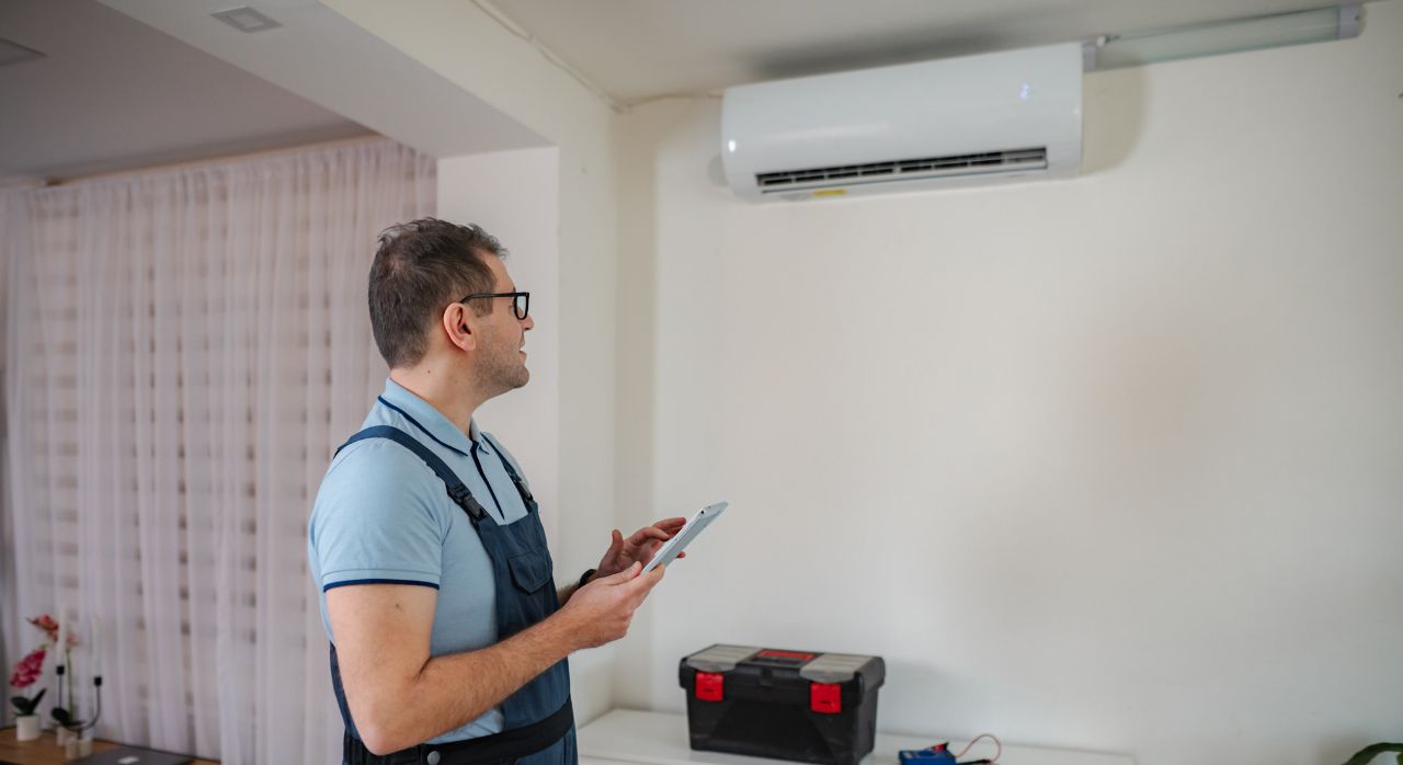 klimatyzator w domu, po montażu, widać serwisanta