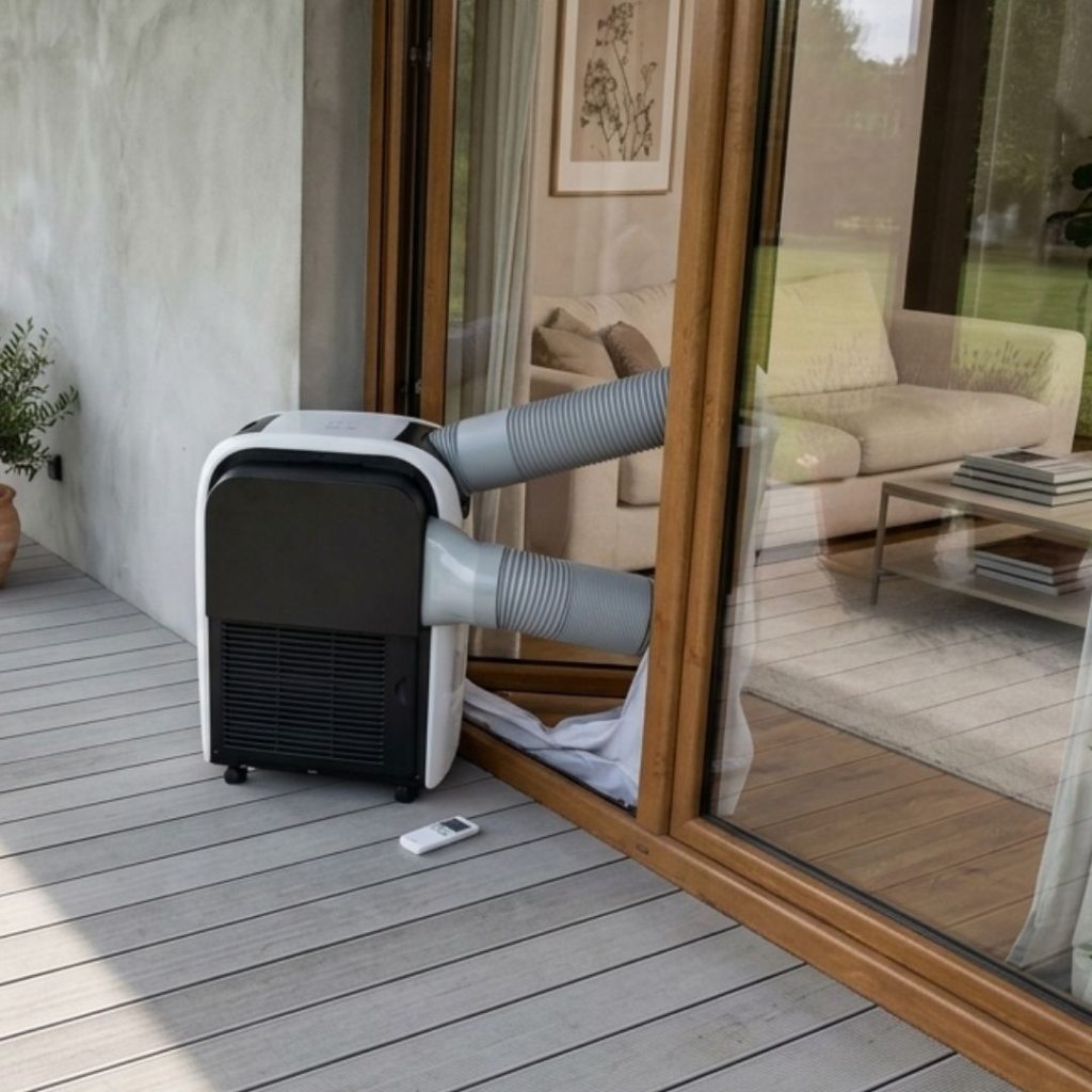 przenośny klimatyzator na zewnątrz podłączony rurami do salonu