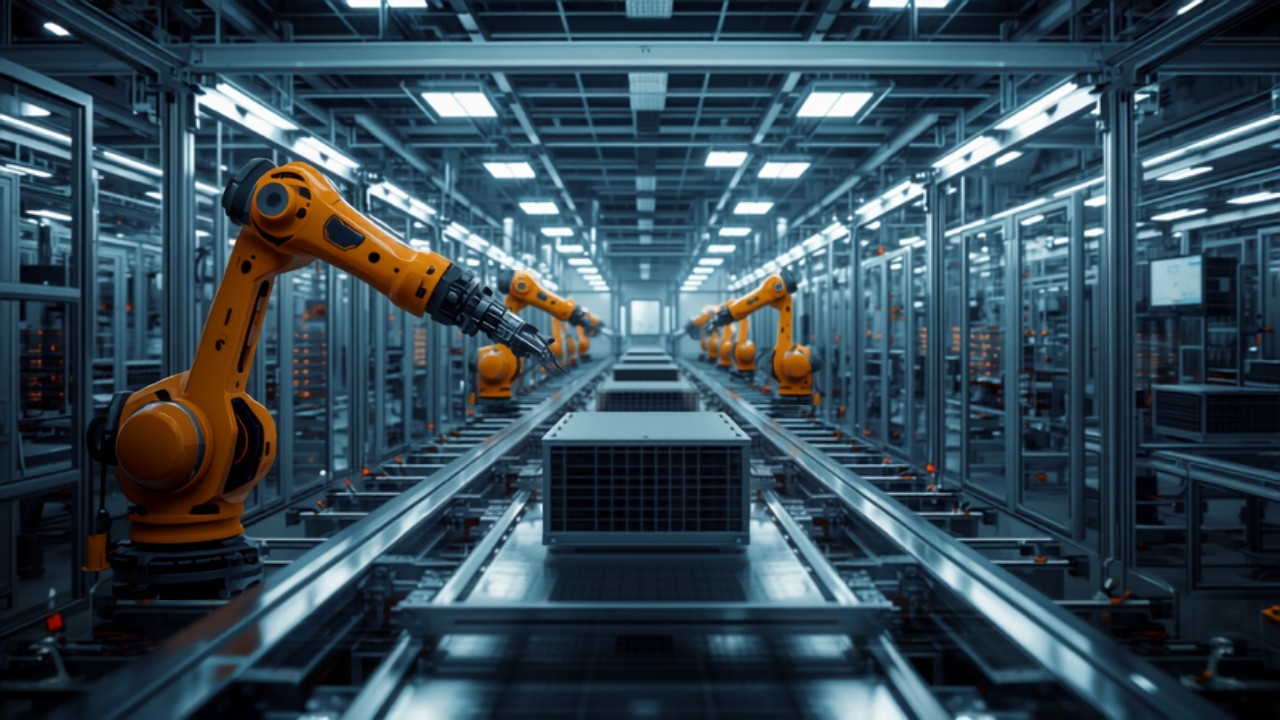 Zautomatyzowana linia produkcyjna urządzeń HVAC z ramionami robotycznymi
